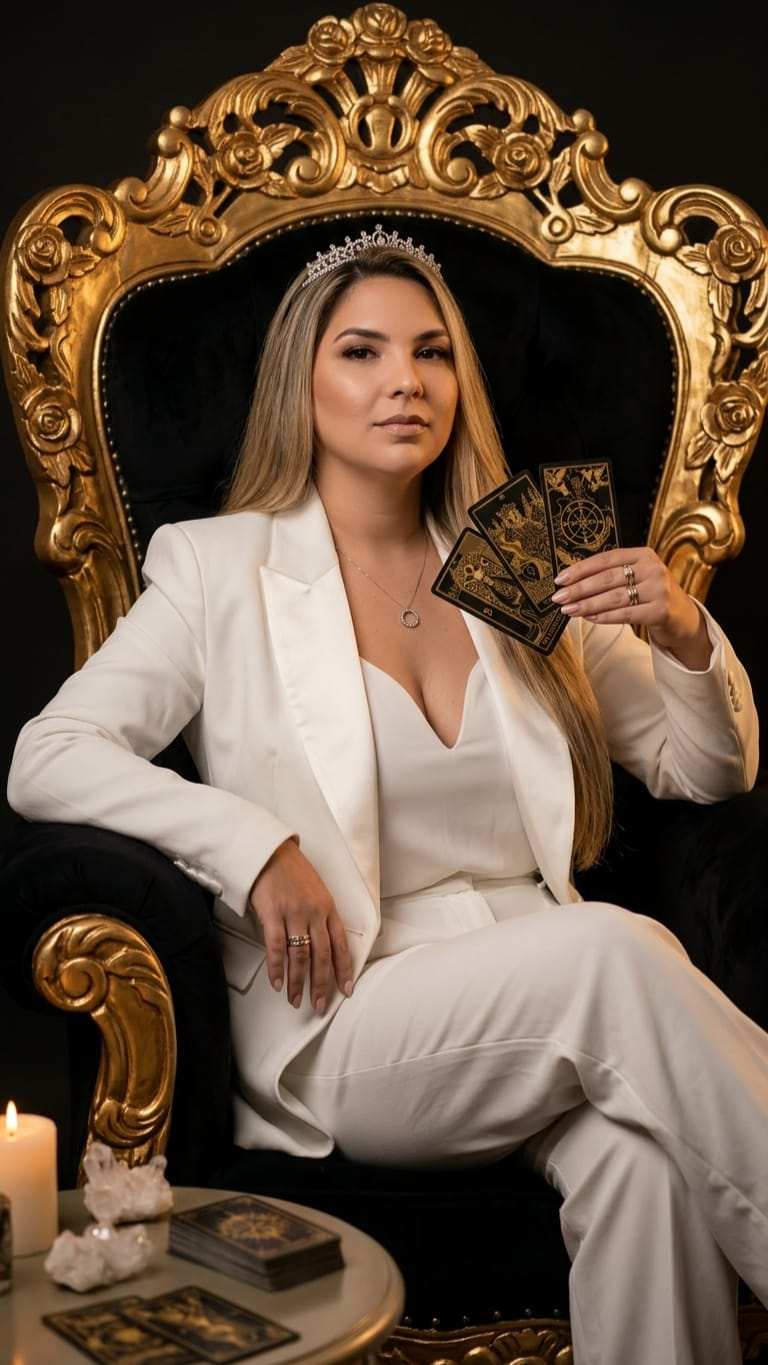 Retrato de Maria Sensitiva sentada em trono dourado com cartas de tarô