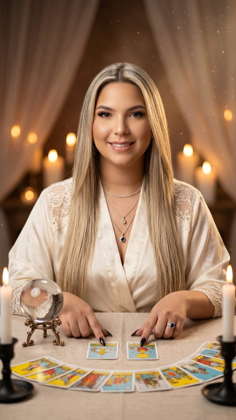 Maria Sensitiva fazendo leitura de tarô com bola de cristal e velas