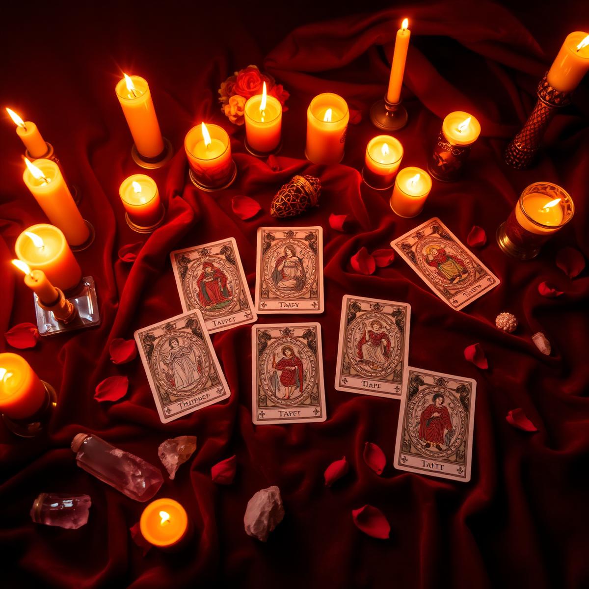 Altar com cartas de tarô, velas e cristais